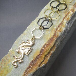 Black & Gold Dragon Pendant, Hand Cast Bronze Hexagon Chain